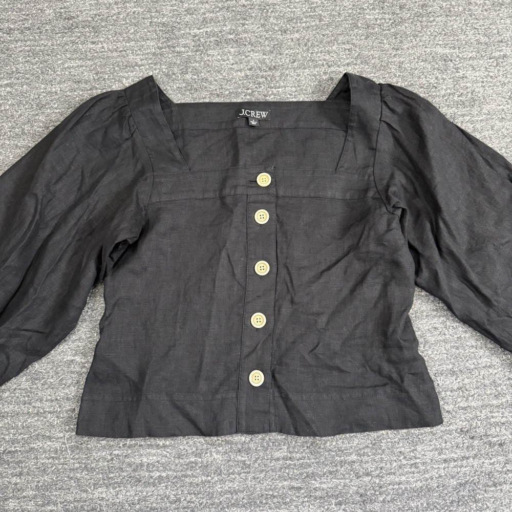 J Crew Shirt Women Small Square Neck Button Front Linen Top Black Peasant Blouse - Picture 3 of 10